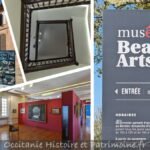 Collage de 4 photos illustrant le musée des Beaux-Arts de Gaillac avec l'entrée du château, une cage d'escalier, le panneau du musée et une pièce à l'étage